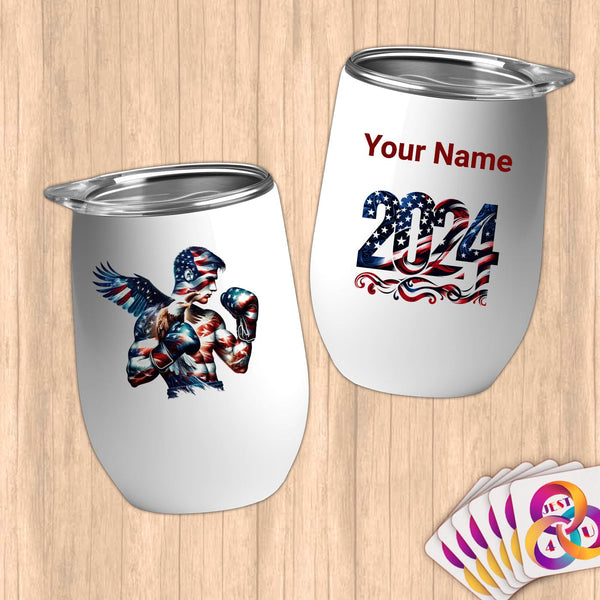 Physical Item 12 oz / White American Flag Eagle Boxer~Limited Edition 2024 "USA Excellence" ~ Customizable 12oz Wine Tumbler with Lid