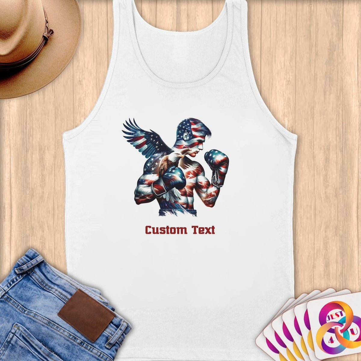 Physical Item S / White American Flag Eagle Boxer~Limited Edition 2024 "USA Excellence" ~ Customizable Supersoft Tank Top