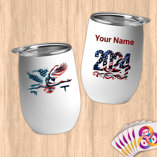 Physical Item 12 oz / White American Flag Gymnastics~Limited Edition 2024 "USA Excellence" ~ Customizable 12oz Wine Tumbler with Lid