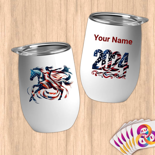 Physical Item 12 oz / White American Flag Horse~Limited Edition 2024 "USA Excellence" ~ Customizable 12oz Wine Tumbler with Lid