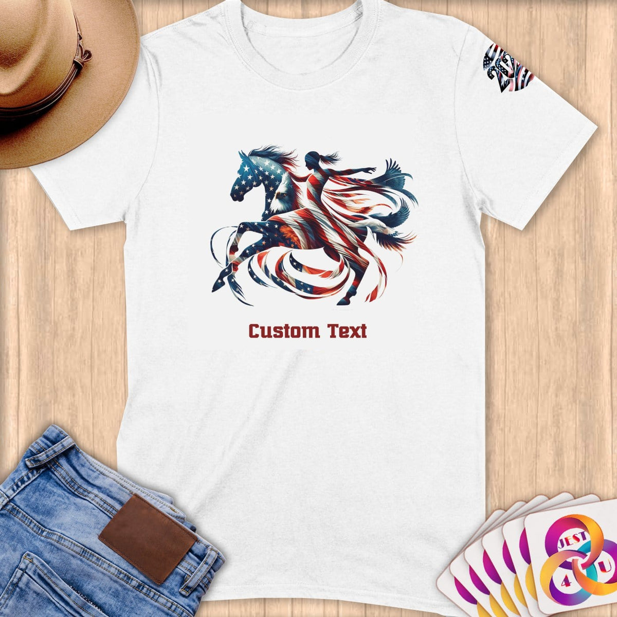 Physical Item S / White American Flag Horse~Limited Edition 2024 "USA Excellence" ~ Personalized Softstyle T-Shirt
