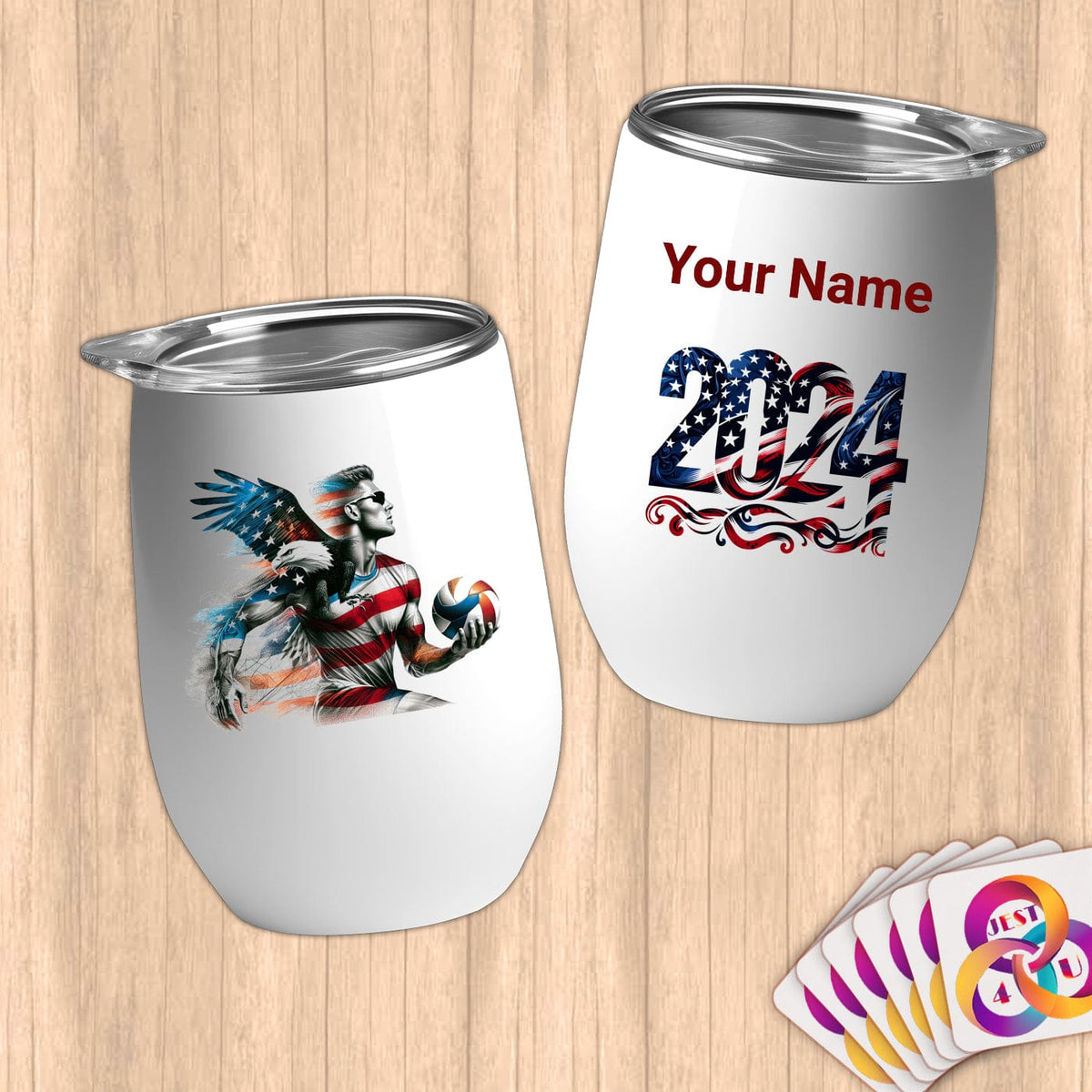 Physical Item 12 oz / White American Flag Sand Volley~Limited Edition 2024 "USA Excellence" ~ Customizable 12oz Wine Tumbler with Lid