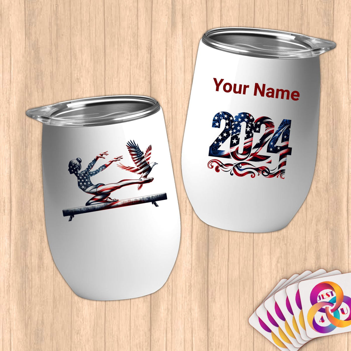 Physical Item 12 oz / White American Gymnast Patriotic Eagle~Limited Edition 2024 "USA Excellence" ~ Customizable 12oz Wine Tumbler with Lid