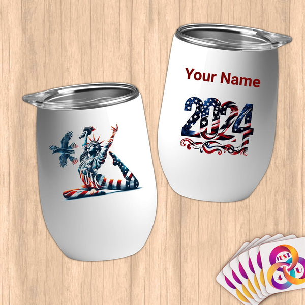 Physical Item 12 oz / White American Liberty Eagle Gymnast Pose~Limited Edition 2024 "USA Excellence" ~ Customizable 12oz Wine Tumbler with Lid