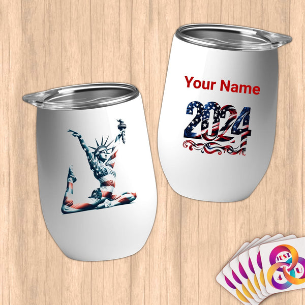 Physical Item 12 oz / White American Liberty Gymnast ~Limited Edition 2024 "USA Excellence" ~ Customizable 12oz Wine Tumbler with Lid
