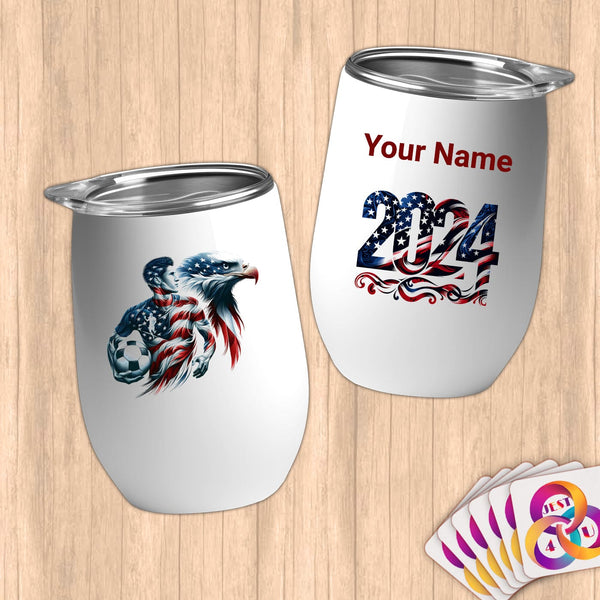 Physical Item 12 oz / White American Patriot Soccer Eagle~Limited Edition 2024 "USA Excellence" ~ Customizable 12oz Wine Tumbler with Lid