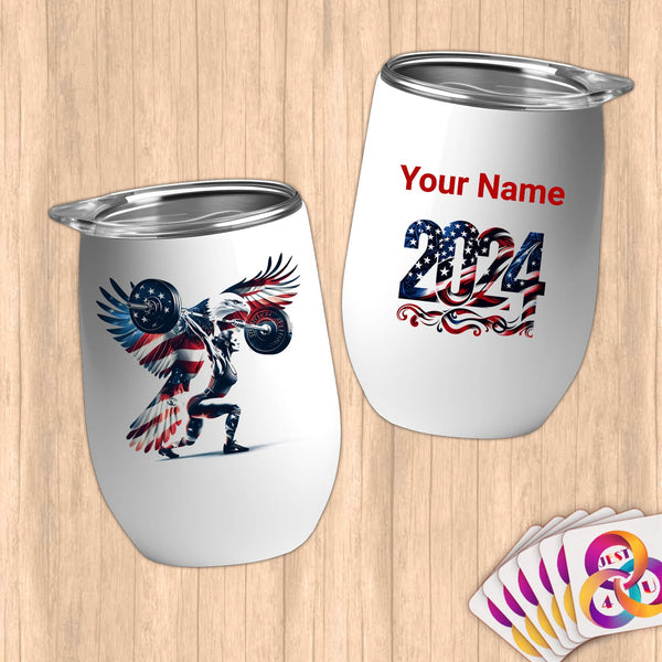 Physical Item 12 oz / White American Powerlifting Eagle ~Limited Edition 2024 "USA Excellence" ~ Customizable 12oz Wine Tumbler with Lid