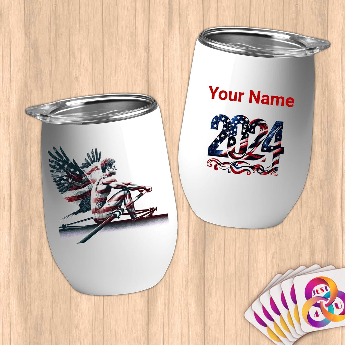 Physical Item 12 oz / White American Rowing Angel ~Limited Edition 2024 "USA Excellence" ~ Customizable 12oz Wine Tumbler with Lid