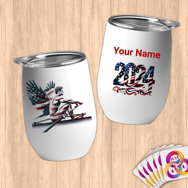 Physical Item 12 oz / White American Rowing Angel ~Limited Edition 2024 "USA Excellence" ~ Customizable 12oz Wine Tumbler with Lid