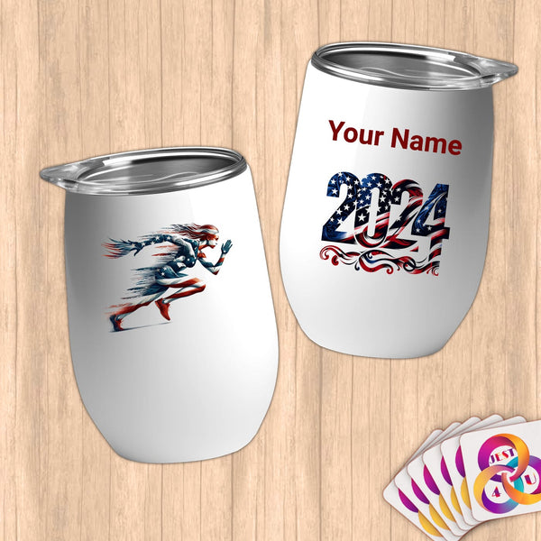 Physical Item 12 oz / White American Runner~Limited Edition 2024 "USA Excellence" ~ Customizable 12oz Wine Tumbler with Lid
