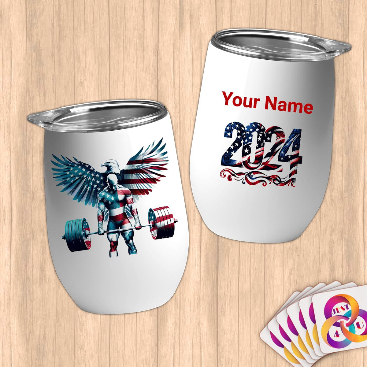 Physical Item 12 oz / White American Strongman ~Limited Edition 2024 "USA Excellence" ~ Customizable 12oz Wine Tumbler with Lid