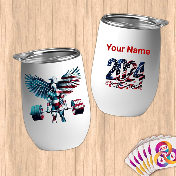 Physical Item 12 oz / White American Strongman ~Limited Edition 2024 "USA Excellence" ~ Customizable 12oz Wine Tumbler with Lid