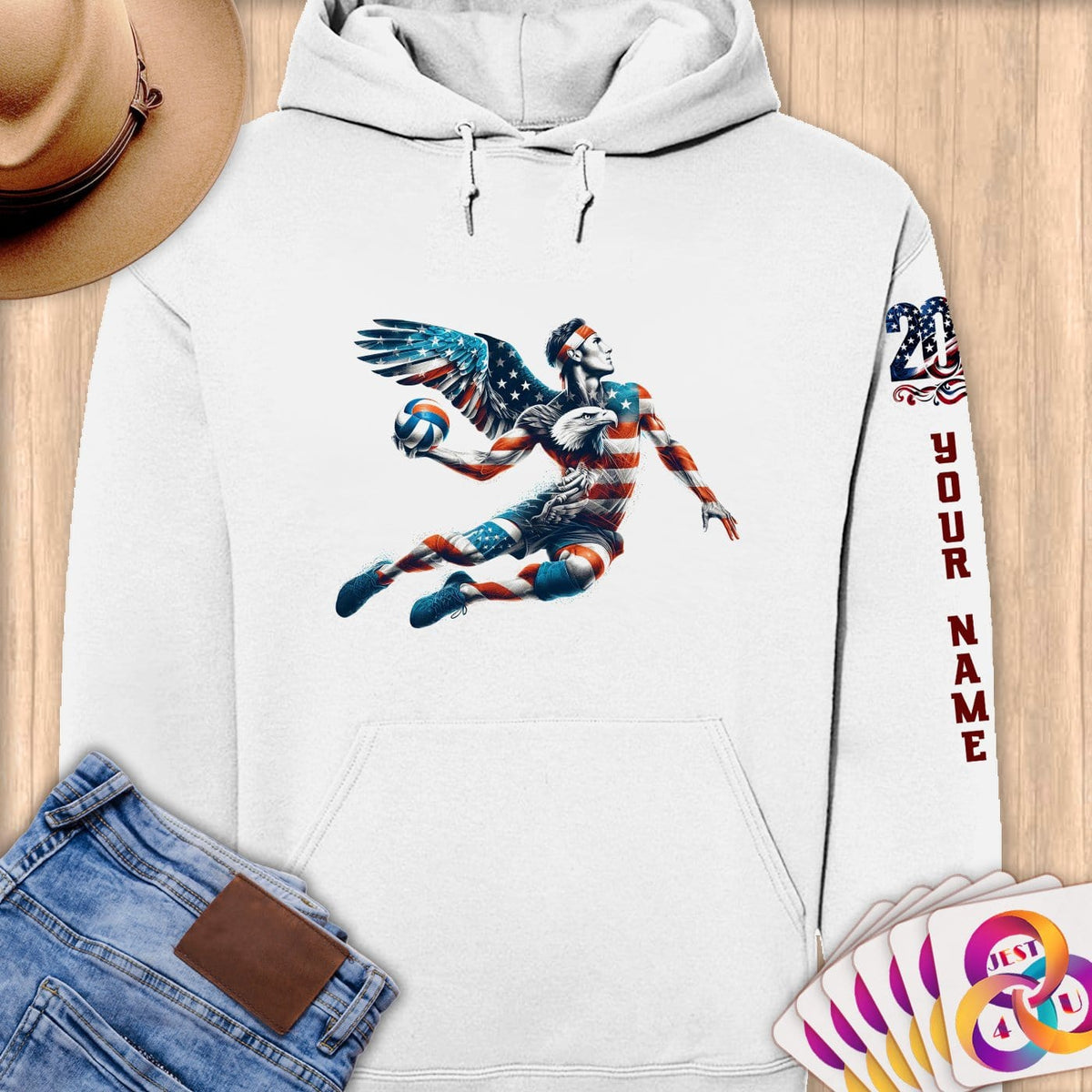 Physical Item S / White American Volleyball Eagle~Limited Edition 2024 "USA Excellence" ~ Personalized Premium Hoodie