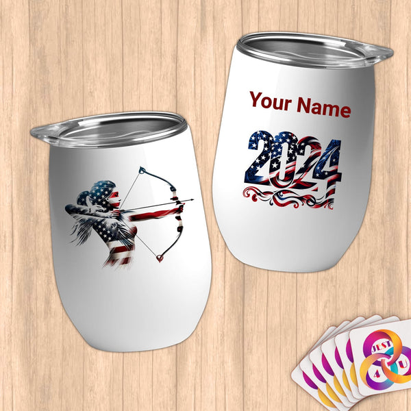 Physical Item 12 oz / White Archer American Patriot~Limited Edition 2024 "USA Excellence" ~ Customizable 12oz Wine Tumbler with Lid