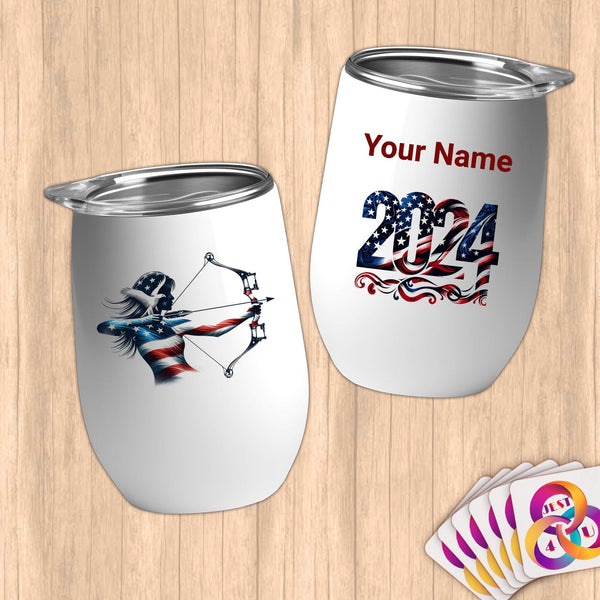 Physical Item 12 oz / White Archery American Flag~Limited Edition 2024 "USA Excellence" ~ Customizable 12oz Wine Tumbler with Lid