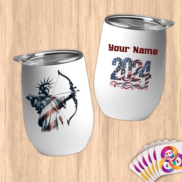 Physical Item 12 oz / White Archery Liberty ~ Limited Edition 2024 "USA Excellence" ~ Customizable 12oz Wine Tumbler with Lid