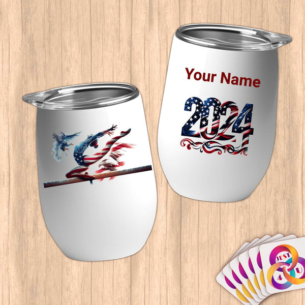 Physical Item 12 oz / White Artistic Eagle Gymnast~Limited Edition 2024 "USA Excellence" ~ Customizable 12oz Wine Tumbler with Lid
