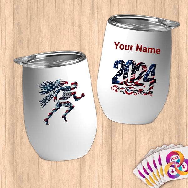 Physical Item 12 oz / White Athletic Patriotic Runner with Eagle~Limited Edition 2024 "USA Excellence" ~ Customizable 12oz Wine Tumbler with Lid