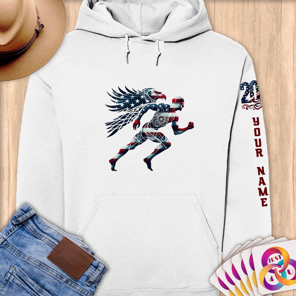 Physical Item S / White Athletic Patriotic Runner with Eagle~Limited Edition 2024 "USA Excellence" ~ Personalized Premium Hoodie