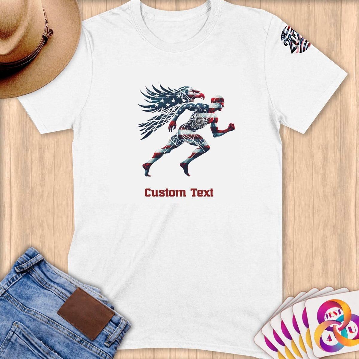 Physical Item S / White Athletic Patriotic Runner with Eagle~Limited Edition 2024 "USA Excellence" ~ Personalized Softstyle T-Shirt