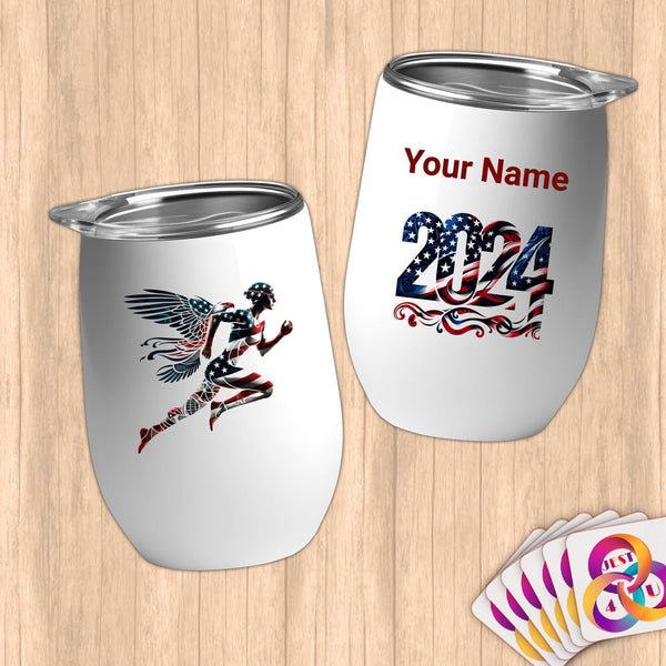 Physical Item 12 oz / White Athletic Starry Runner~Limited Edition 2024 "USA Excellence" ~ Customizable 12oz Wine Tumbler with Lid