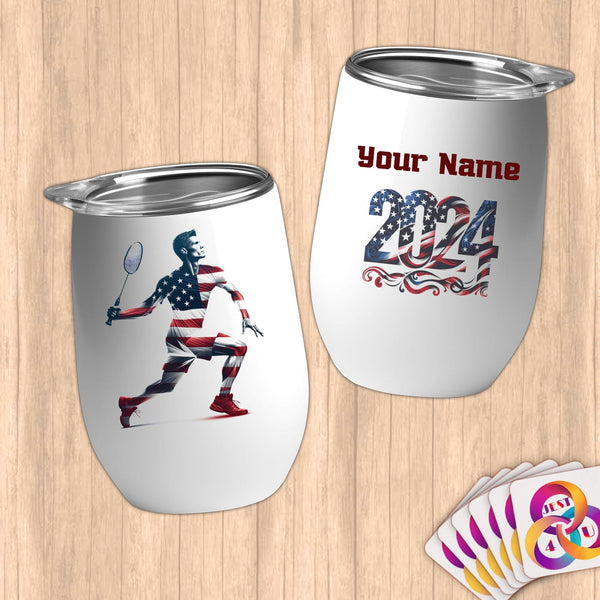Physical Item 12 oz / White Badminton Flag ~ Limited Edition 2024 "USA Excellence" ~ Customizable 12oz Wine Tumbler with Lid