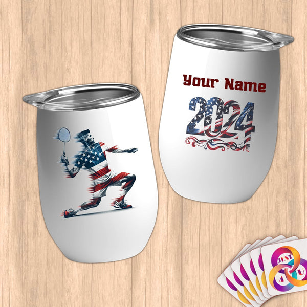 Physical Item 12 oz / White Badminton Freedom ~ Limited Edition 2024 "USA Excellence" ~ Customizable 12oz Wine Tumbler with Lid