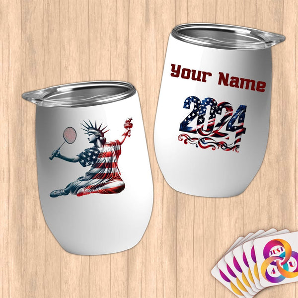 Physical Item 12 oz / White Badminton Glory ~ Limited Edition 2024 "USA Excellence" ~ Customizable 12oz Wine Tumbler with Lid