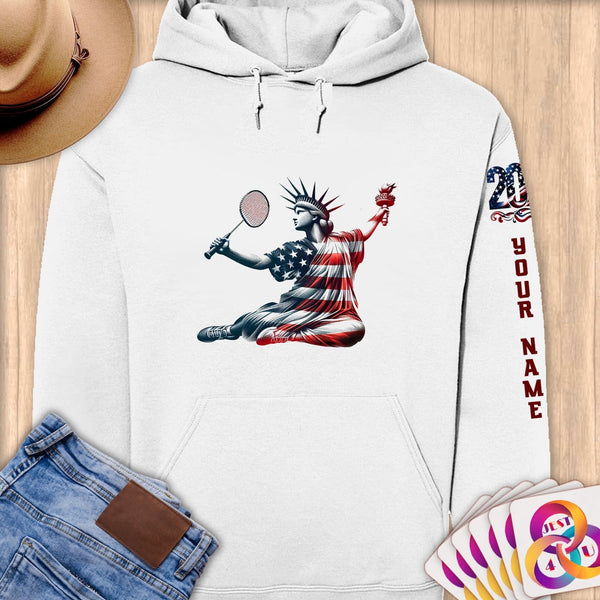 Physical Item S / White Badminton Glory ~ Limited Edition 2024 "USA Excellence" ~ Personalized Premium Hoodie