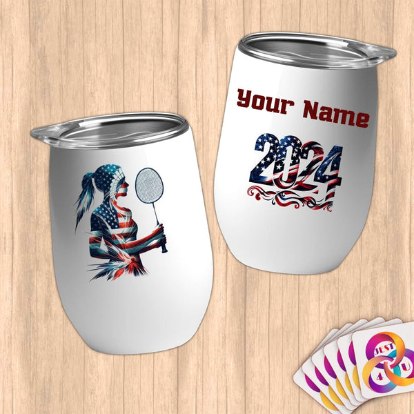 Physical Item 12 oz / White Badminton Glow ~ Limited Edition 2024 "USA Excellence" ~ Customizable 12oz Wine Tumbler with Lid