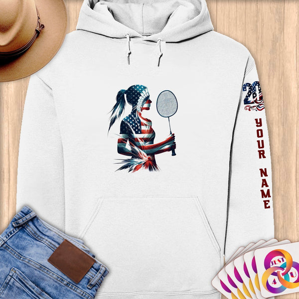 Physical Item S / White Badminton Glow ~ Limited Edition 2024 "USA Excellence" ~ Personalized Premium Hoodie