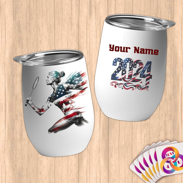 Physical Item 12 oz / White Badminton Hero ~ Limited Edition 2024 "USA Excellence" ~ Customizable 12oz Wine Tumbler with Lid