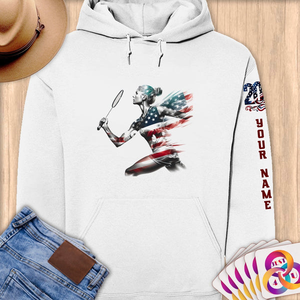 Physical Item S / White Badminton Hero ~ Limited Edition 2024 "USA Excellence" ~ Personalized Premium Hoodie