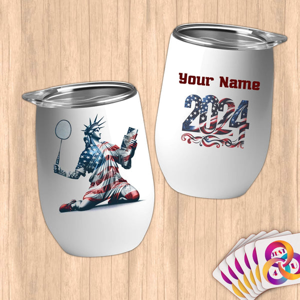 Physical Item 12 oz / White Badminton Liberty ~ Limited Edition 2024 "USA Excellence" ~ Customizable 12oz Wine Tumbler with Lid