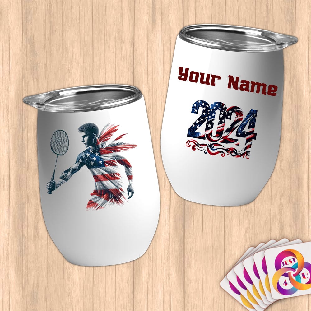 Physical Item 12 oz / White Badminton Sensation ~ Limited Edition 2024 "USA Excellence" ~ Customizable 12oz Wine Tumbler with Lid