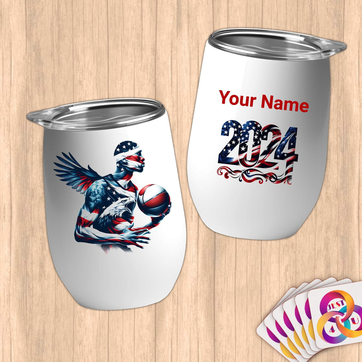 Physical Item 12 oz / White Basketball Eagle ~Limited Edition 2024 "USA Excellence" ~ Customizable 12oz Wine Tumbler with Lid