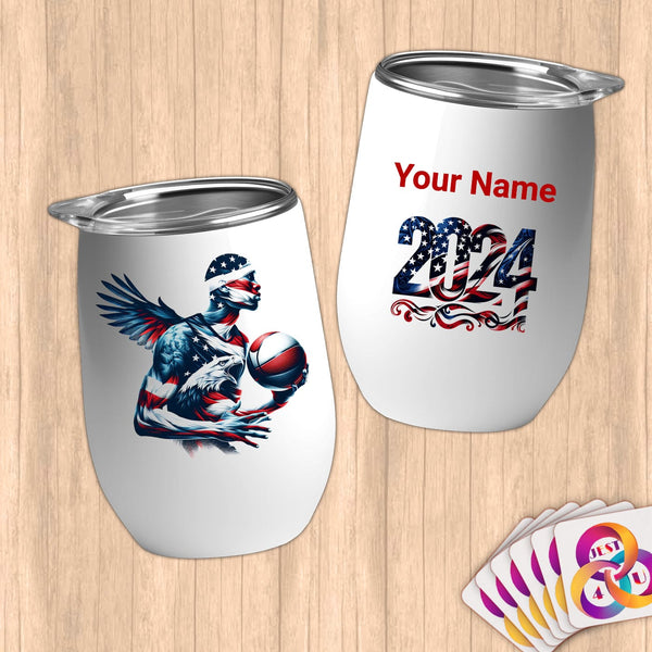 Physical Item 12 oz / White Basketball Eagle ~Limited Edition 2024 "USA Excellence" ~ Customizable 12oz Wine Tumbler with Lid