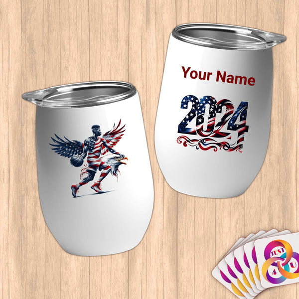 Physical Item 12 oz / White Basketball Eagle~Limited Edition 2024 "USA Excellence" ~ Customizable 12oz Wine Tumbler with Lid