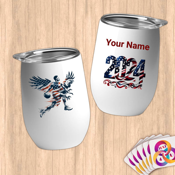 Physical Item 12 oz / White Basketball Eagle Patriotism~Limited Edition 2024 "USA Excellence" ~ Customizable 12oz Wine Tumbler with Lid