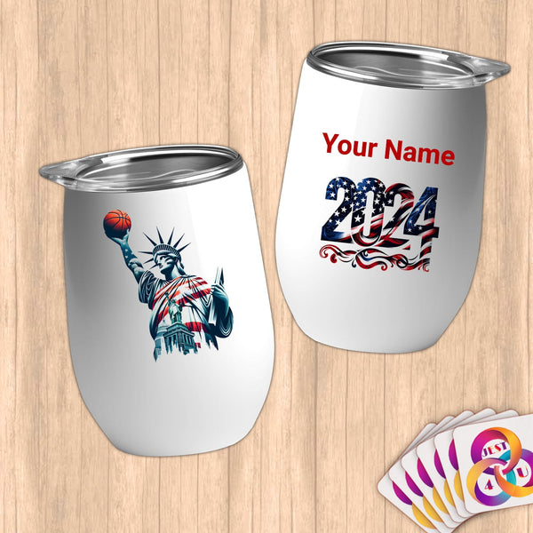 Physical Item 12 oz / White Basketball Liberty ~Limited Edition 2024 "USA Excellence" ~ Customizable 12oz Wine Tumbler with Lid