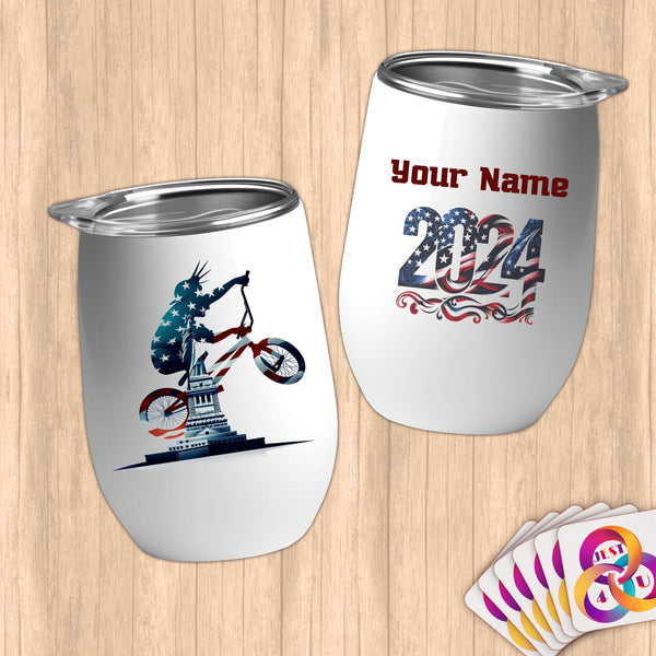 Physical Item 12 oz / White BMX Statue ~ Limited Edition 2024 "USA Excellence" ~ Customizable 12oz Wine Tumbler with Lid