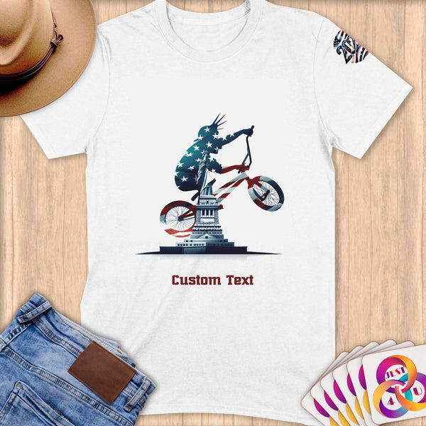 Physical Item S / White BMX Statue ~ Limited Edition 2024 "USA Excellence" ~ Personalized Softstyle T-Shirt