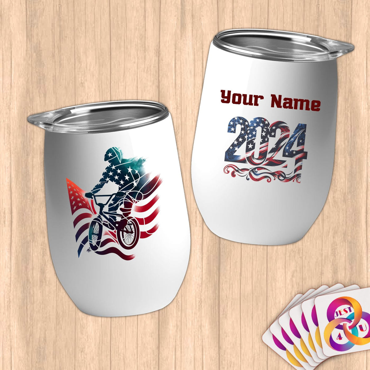 Physical Item 12 oz / White BMX Stripes Rider ~ Limited Edition 2024 "USA Excellence" ~ Customizable 12oz Wine Tumbler with Lid