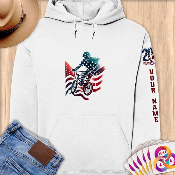 Physical Item S / White BMX Stripes Rider ~ Limited Edition 2024 "USA Excellence" ~ Personalized Premium Hoodie