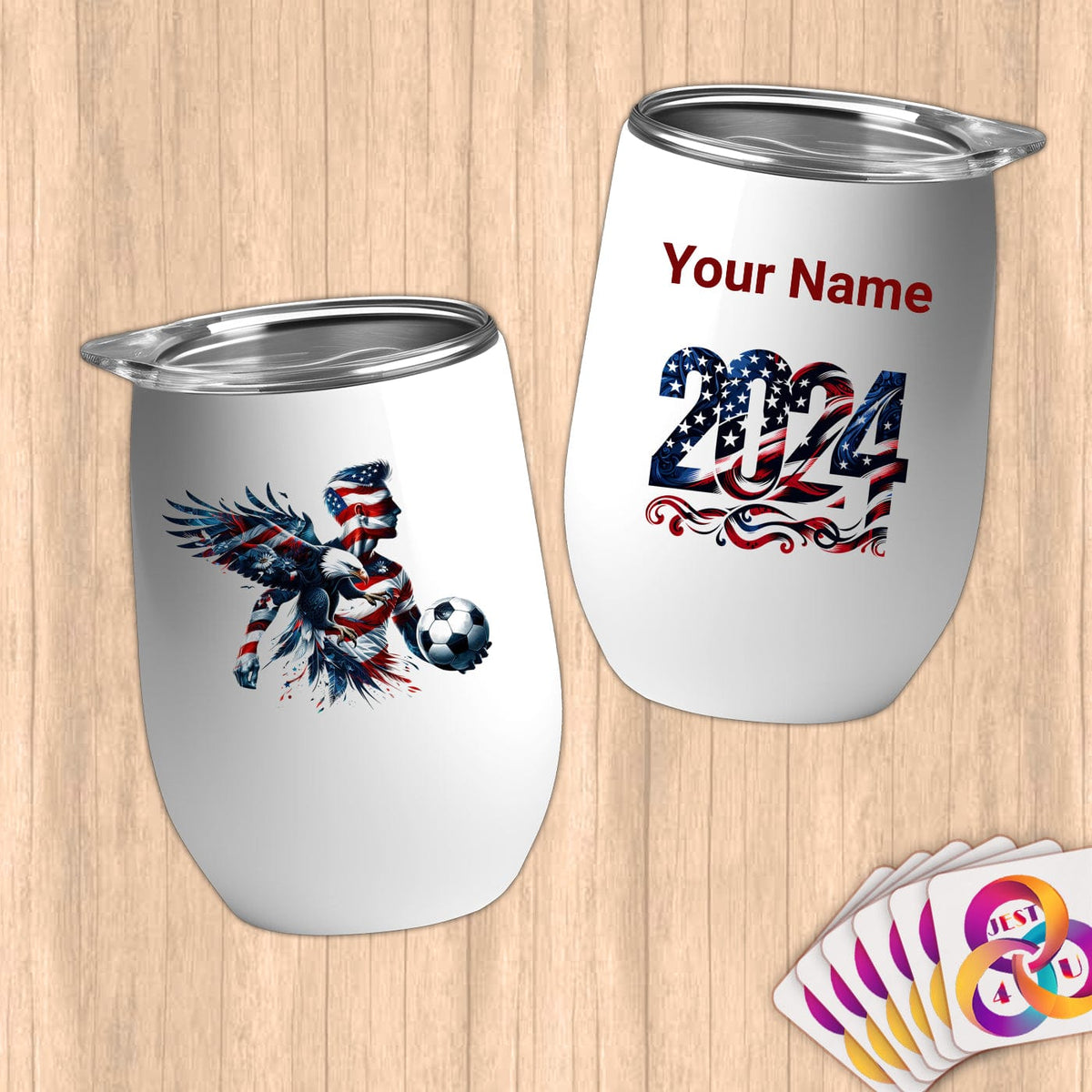 Physical Item 12 oz / White Bold Patriotic Soccer Eagle~Limited Edition 2024 "USA Excellence" ~ Customizable 12oz Wine Tumbler with Lid