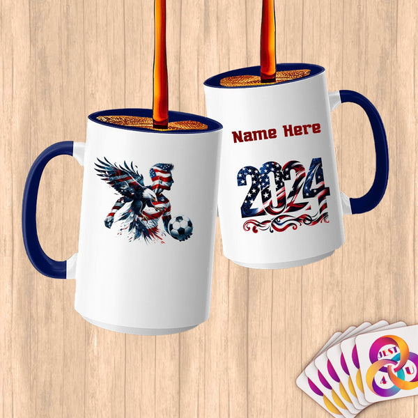 Physical Item 15oz / Blue Bold Patriotic Soccer Eagle~Limited Edition 2024 "USA Excellence" ~ Customized Large 15oz Mug