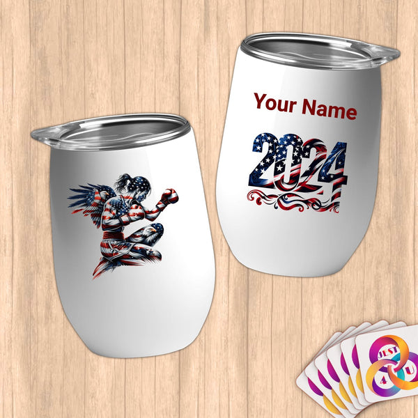Physical Item 12 oz / White Boxing Angel American~Limited Edition 2024 "USA Excellence" ~ Customizable 12oz Wine Tumbler with Lid
