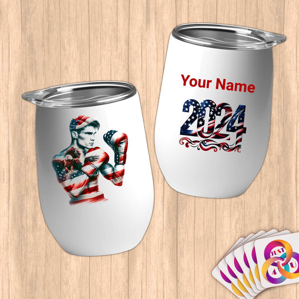 Physical Item 12 oz / White Boxing Patriot ~Limited Edition 2024 "USA Excellence" ~ Customizable 12oz Wine Tumbler with Lid