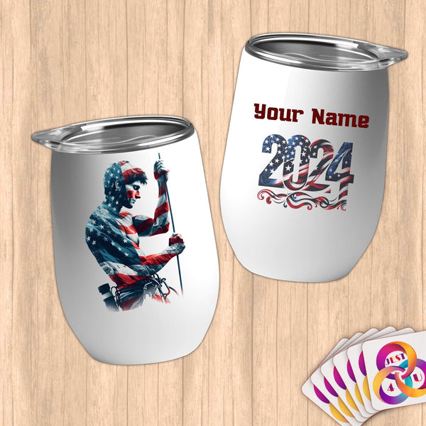Physical Item 12 oz / White Climbing Liberty ~ Limited Edition 2024 "USA Excellence" ~ Customizable 12oz Wine Tumbler with Lid