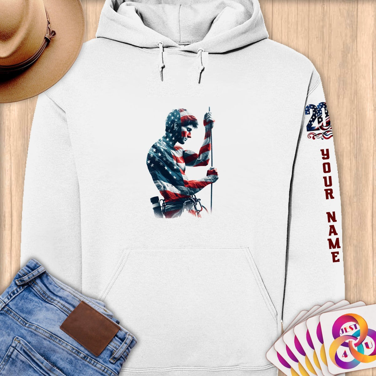 Physical Item S / White Climbing Liberty ~ Limited Edition 2024 "USA Excellence" ~ Personalized Premium Hoodie